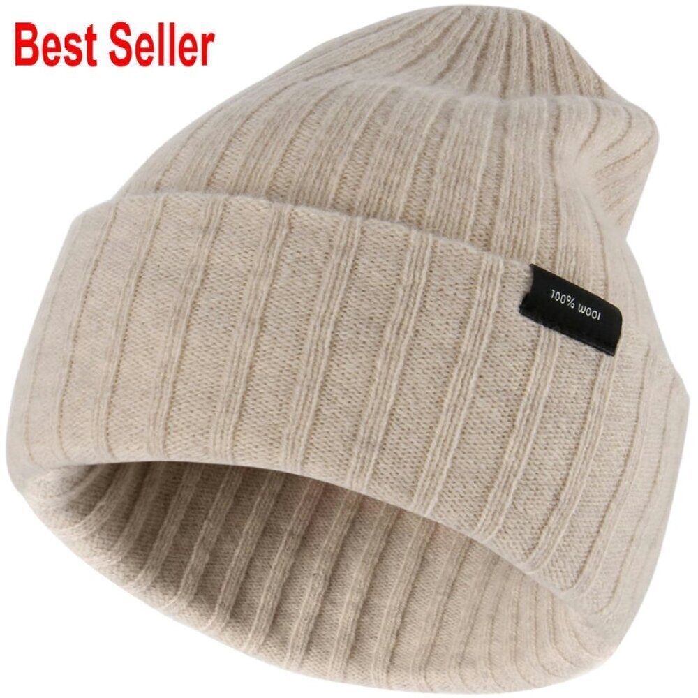 Wool Beanie Winter Hat Unisex Stretchy Knit Double Layer Cuffed Cap